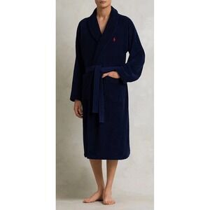 Polo Ralph Lauren Robe Terry Velour Blue‎ Plush Large Pony Belted Wrap Men's OS